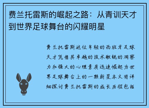 费兰托雷斯的崛起之路：从青训天才到世界足球舞台的闪耀明星
